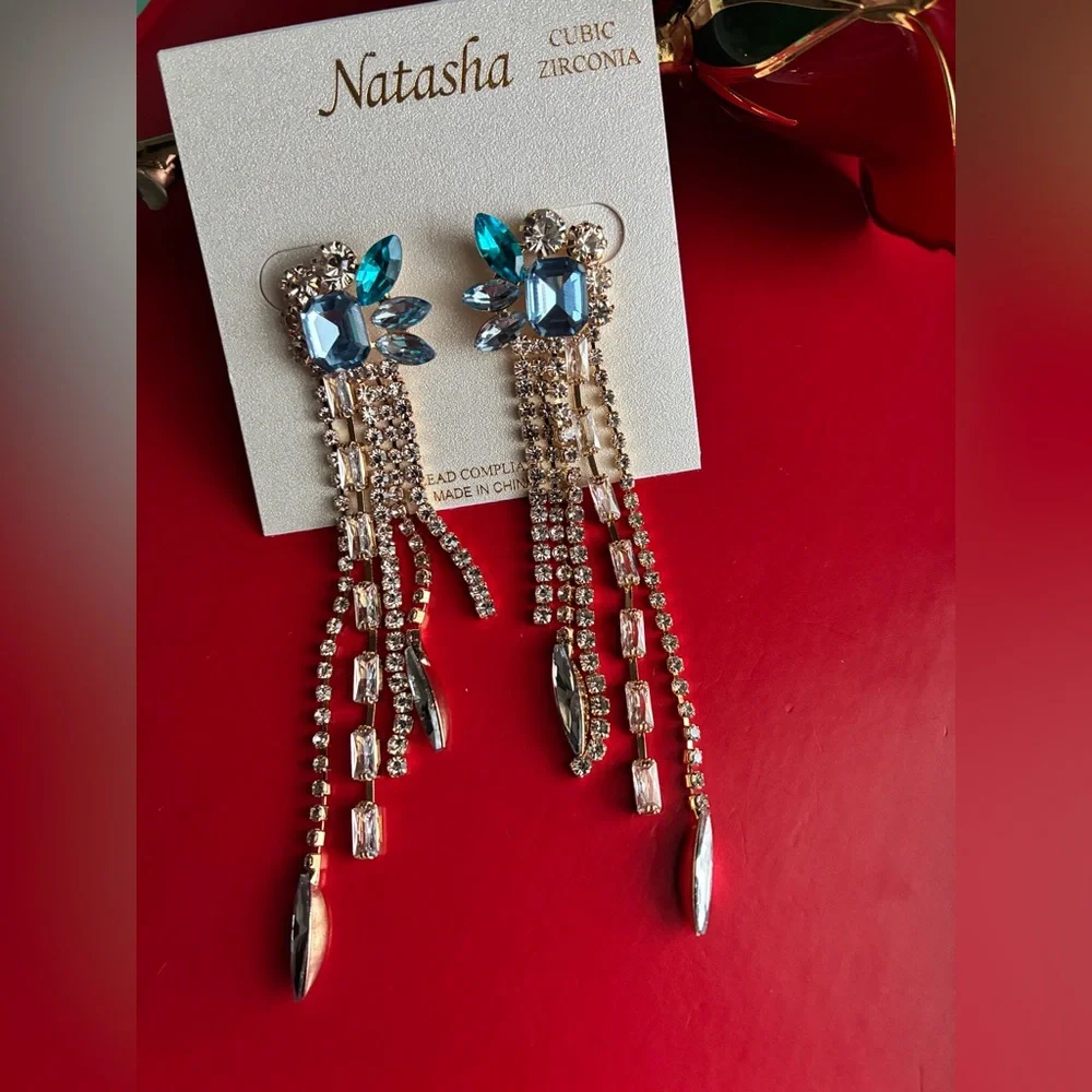 Natasha Couture Gold and Blue Crystal Earrings